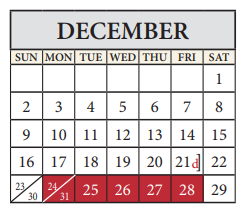 District School Academic Calendar for Travis Co J J A E P for December 2018
