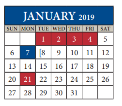 District School Academic Calendar for John B Connally High School for January 2019