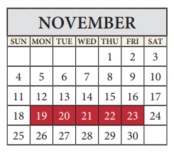 District School Academic Calendar for Travis Co J J A E P for November 2018