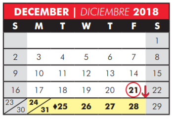 District School Academic Calendar for Head Start for December 2018