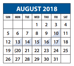 District School Academic Calendar for Lake Highlands Freshman Center for August 2018