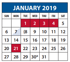 District School Academic Calendar for P A S S Learning Ctr for January 2019
