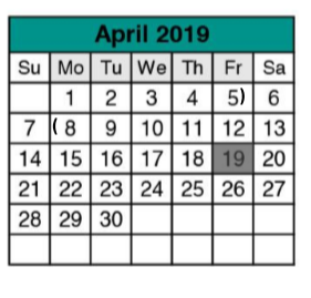 District School Academic Calendar for Stony Point Ninth Grade Campus for April 2019