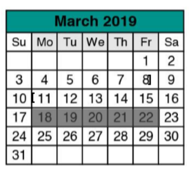 District School Academic Calendar for Success Program East for March 2019