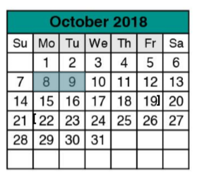 District School Academic Calendar for Williamson Co J J A E P for October 2018
