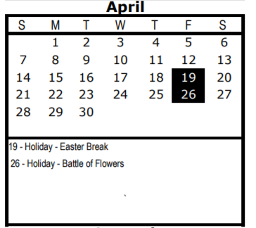 District School Academic Calendar for Wm B Travis Elementary for April 2019
