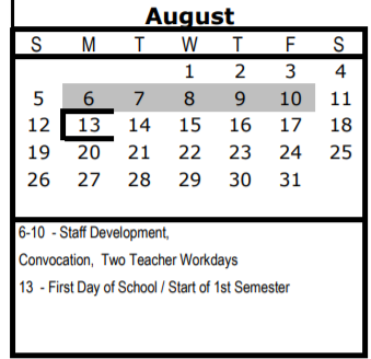 District School Academic Calendar for Charles Graebner Elementary School for August 2018