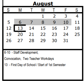 District School Academic Calendar for Hillcrest Elementary for August 2018