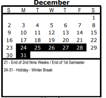 District School Academic Calendar for J T Brackenridge Academy for December 2018