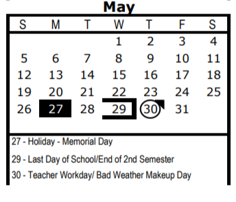 District School Academic Calendar for Wm B Travis Elementary for May 2019