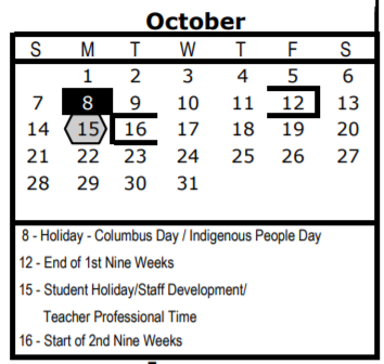 District School Academic Calendar for Juvenile Detent Ctr for October 2018