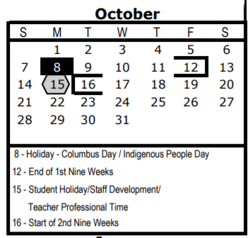 District School Academic Calendar for Pickett Center for October 2018