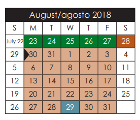 District School Academic Calendar for Ernesto Serna School for August 2018