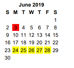 District School Academic Calendar for Jim Plyler Instructional Complex for June 2019