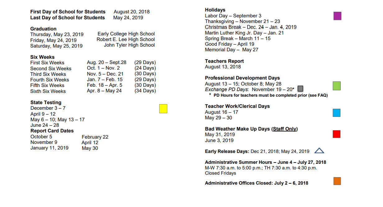 District School Academic Calendar Key for Robert E Lee High School