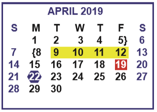 District School Academic Calendar for Memorial Elementary for April 2019