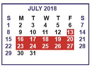 District School Academic Calendar for North Bridge Elementary for July 2018