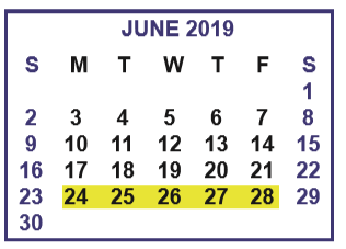 District School Academic Calendar for Memorial Elementary for June 2019