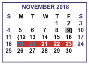 District School Academic Calendar for Memorial Elementary for November 2018