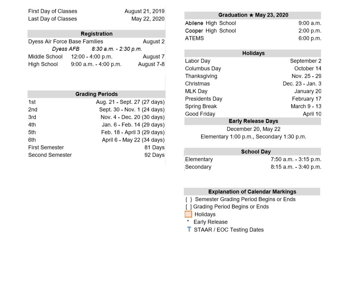 District School Academic Calendar Key for Day Nursery Of Abilene