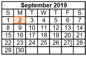 District School Academic Calendar for Juvenile Detention Center for September 2019
