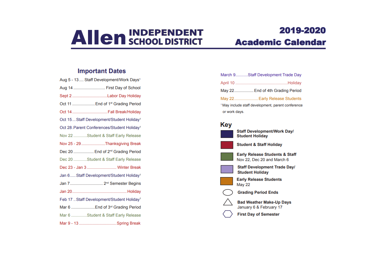 District School Academic Calendar Key for Allen High School