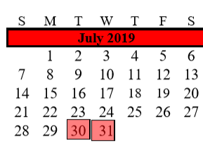 District School Academic Calendar for G W Harby Junior High for July 2019
