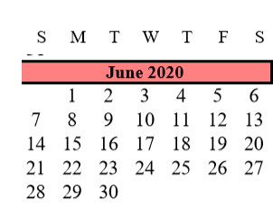 District School Academic Calendar for G W Harby Junior High for June 2020