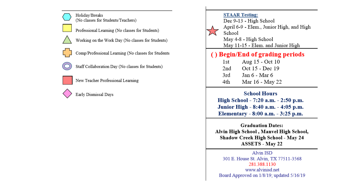 District School Academic Calendar Key for Alvin Pri