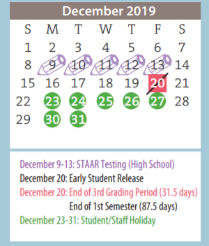 District School Academic Calendar for Caprock High School for December 2019