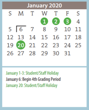 District School Academic Calendar for Pleasant Valley Elementary for January 2020