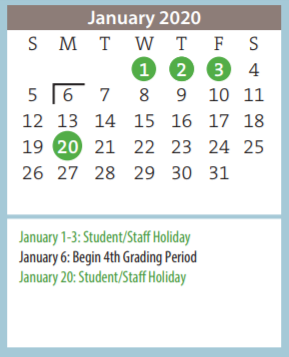 District School Academic Calendar for Travis Middle for January 2020