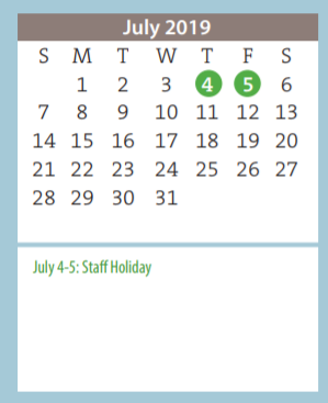 District School Academic Calendar for Belmar Elementary for July 2019