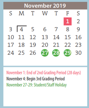 District School Academic Calendar for Palo Duro High School for November 2019