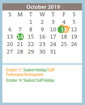 District School Academic Calendar for Sunrise Elementary for October 2019