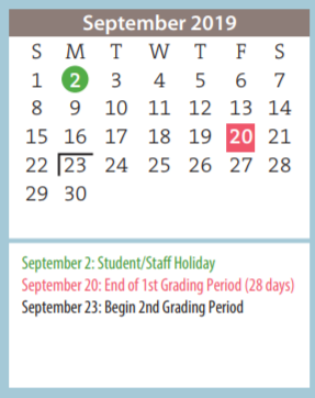 District School Academic Calendar for Homebound for September 2019