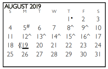 District School Academic Calendar for Tarrant Co J J A E P for August 2019