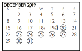 District School Academic Calendar for Tarrant Co J J A E P for December 2019