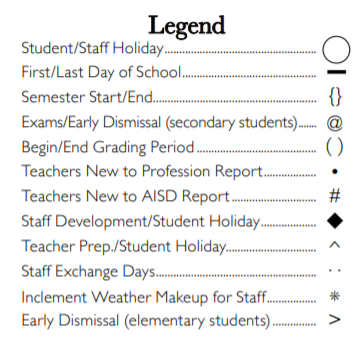 District School Academic Calendar Legend for Tarrant Co J J A E P
