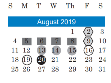 District School Academic Calendar for Pillow Elementary for August 2019