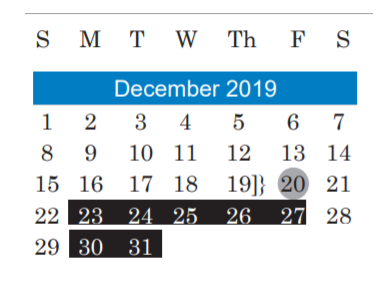 District School Academic Calendar for Williams Elementary for December 2019