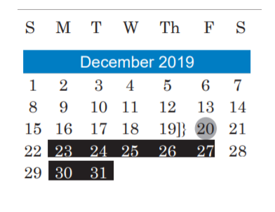 District School Academic Calendar for Mcbee Elementary for December 2019