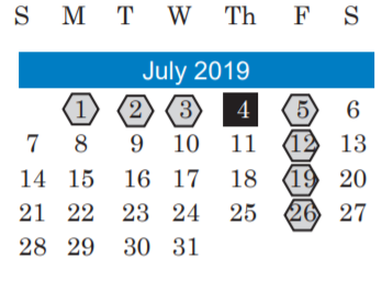 District School Academic Calendar for Mcbee Elementary for July 2019
