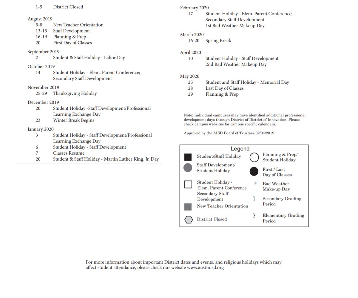 District School Academic Calendar Key for Travis Heights Elementary