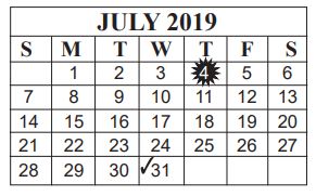 District School Academic Calendar for Marshall Middle School for July 2019