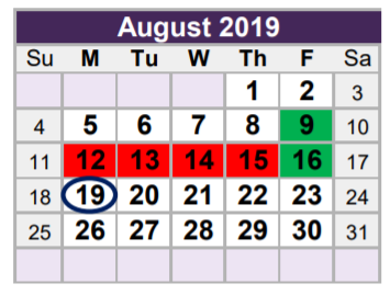 District School Academic Calendar for Homebound for August 2019