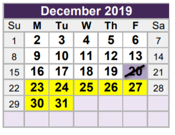 District School Academic Calendar for South Birdville Elementary for December 2019