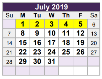 District School Academic Calendar for Homebound for July 2019