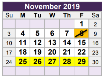 District School Academic Calendar for North Oaks Middle for November 2019