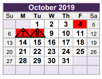 District School Academic Calendar for Tarrant Co J J A E P for October 2019